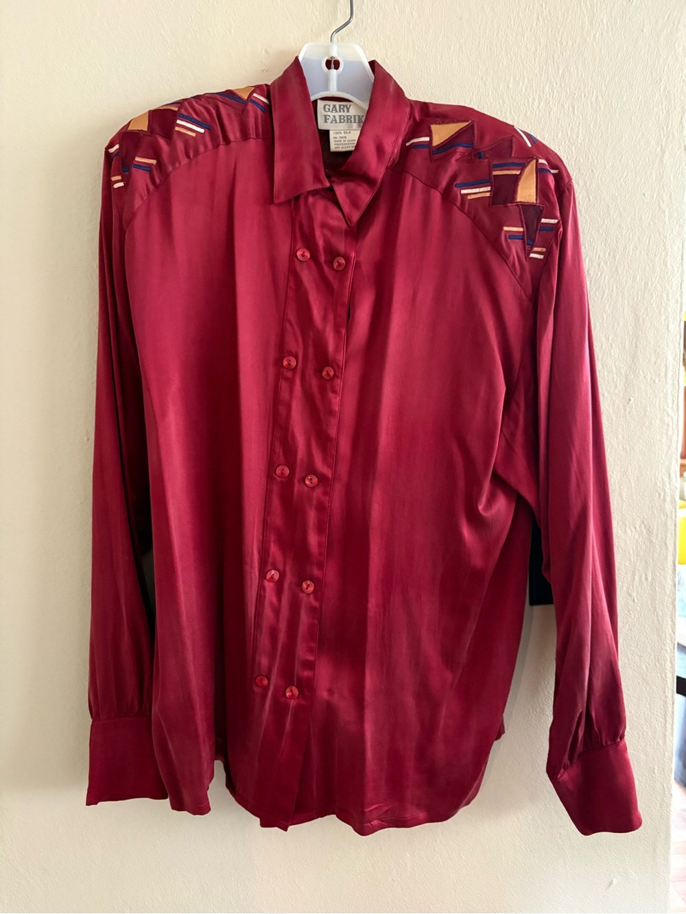 Vintage Deep Burgundy Double-Breasted Satin Blouse with Shoulder Inset Detail